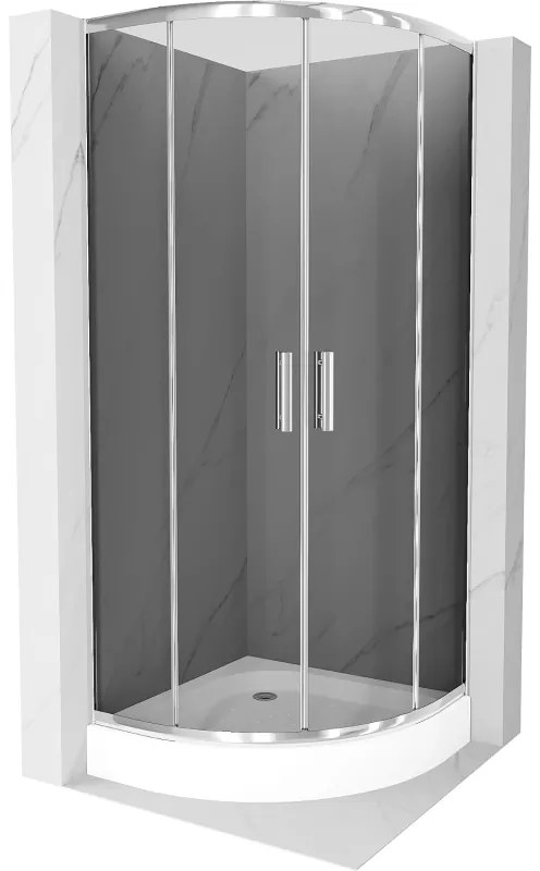Mexen Rio, štvrťkruhový sprchovací kút s posuvnými dverami 80 x 80 cm, 6mm šedé sklo, chrómový profil + biela vysoká sprchová vanička Rio, 863-080-080-01-40-4710