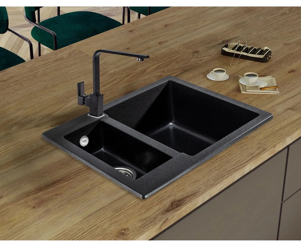 Sink Quality Ferrum, kuchynský granitový drez 605x495x210 mm + čierny sifón, čierna škvrnitá-BROCADE, SKQ-FER.B.5KBO.XB