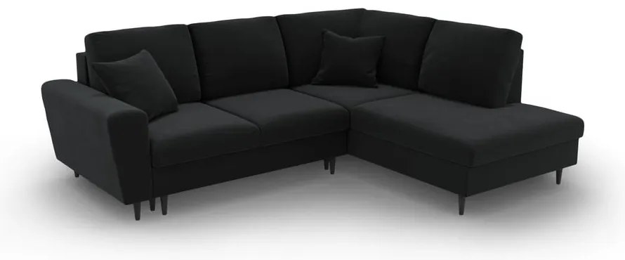 Čierna zamatová rozkladacia/s úložným priestorom rohová pohovka (pravý roh/do L) Kyoto – Cosmopolitan Design