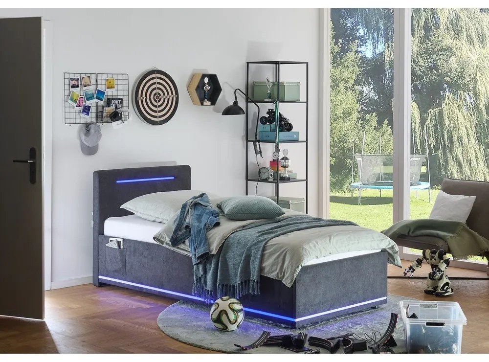 Tmavosivá čalúnená detská posteľ s úložným priestorom s roštom 90x200 cm Circle – Meise Möbel