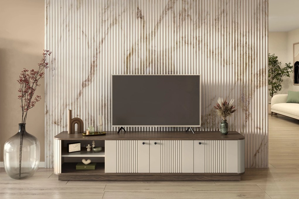 TV skrinka Vesper 3D 187 cm na sokli - kašmír / orech / čierne úchytky