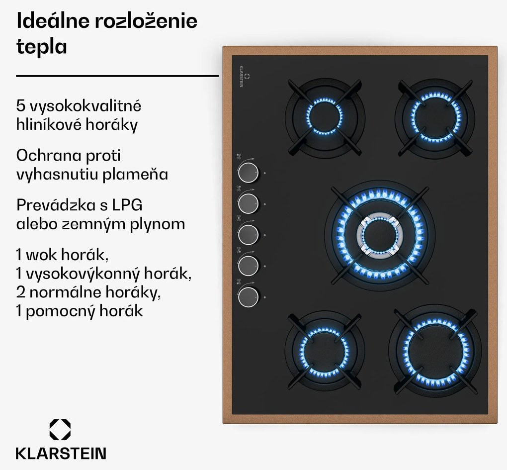 Klarstein Lumiflame plynová varná doska, 5 horákov, medený rám, elektrické zapaľovanie, výkon 10,4 kW