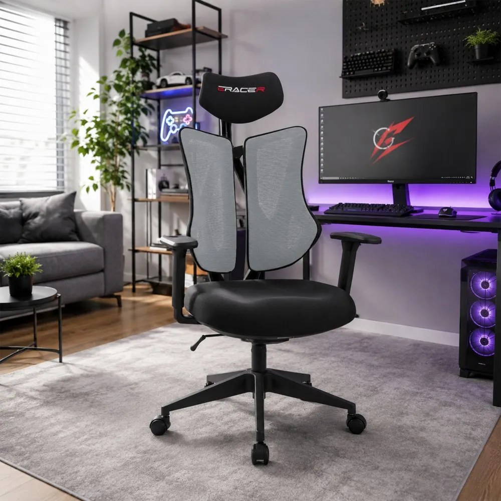 Herná ergonomická stolička ERACER H3246 — sieť / látka, sivá / čierna