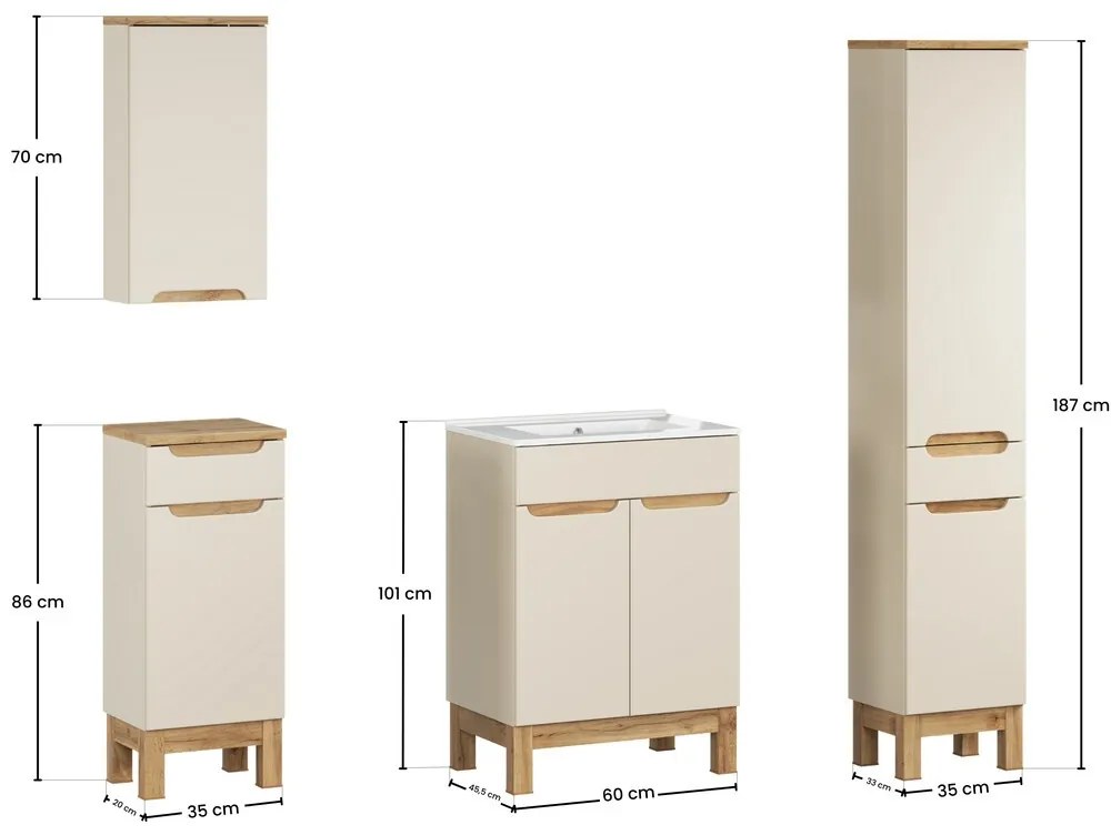 Kúpeľňová zostava Bali Lava so zápustným umývadlom a skrinkami 60 cm kašmírová/dub wotan