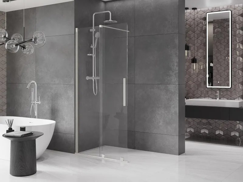 Mexen Velar, sprchová zástena s posuvnými dverami Walk-in 110 x 200 cm, 8mm číre sklo, brúsená oceľ, 871-110-000-03-97