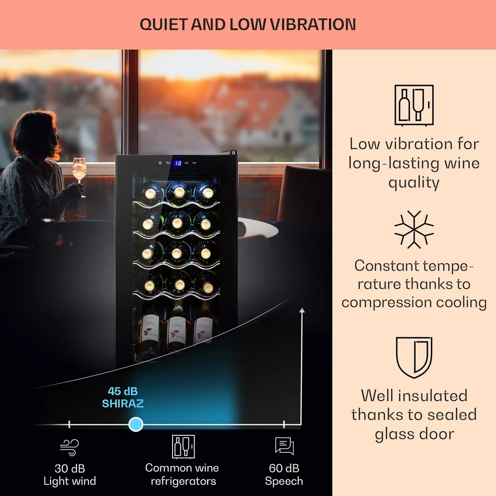 Klarstein Shiraz 15 Slim Uno, vinotéka, 44 l, 135 W, 5–18°C, dotykové ovládanie, čierna
