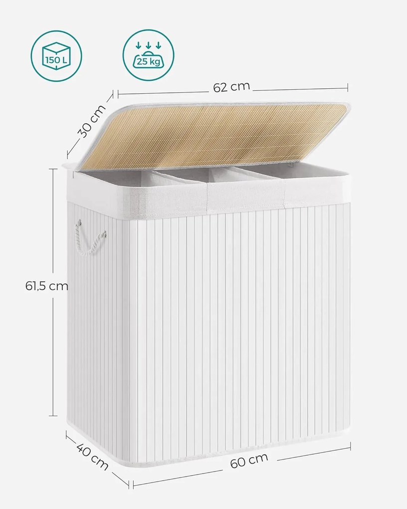 SongmicsHome Bambusový kôš na bielizeň GITA, 150 l, biela