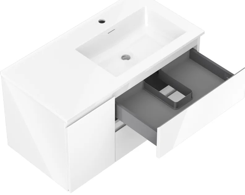 Mexen Orio, kúpeľňová skrinka 90 cm s pravým umývadlom Otis, 2S, 1D, biela lesklá, 91A13-09047-3-BBFFF00-W18P00