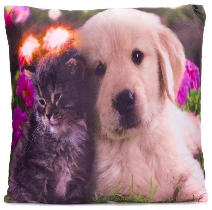 Nexos 68495 Dekoračný vankúš s LED osvetlením Mačka a pes - 38 x 38 cm