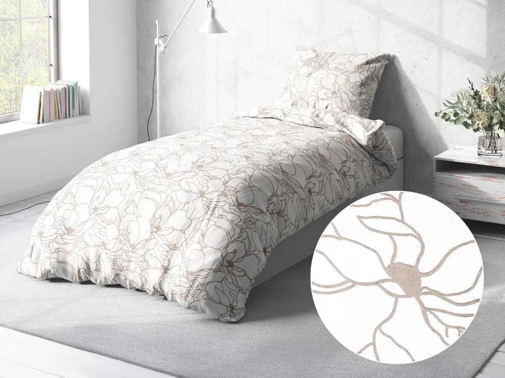 Biante Bavlnené posteľné obliečky Sandra SA-268 Béžové designové kvety na bielom Predĺžené 140x220 a 70x90 cm
