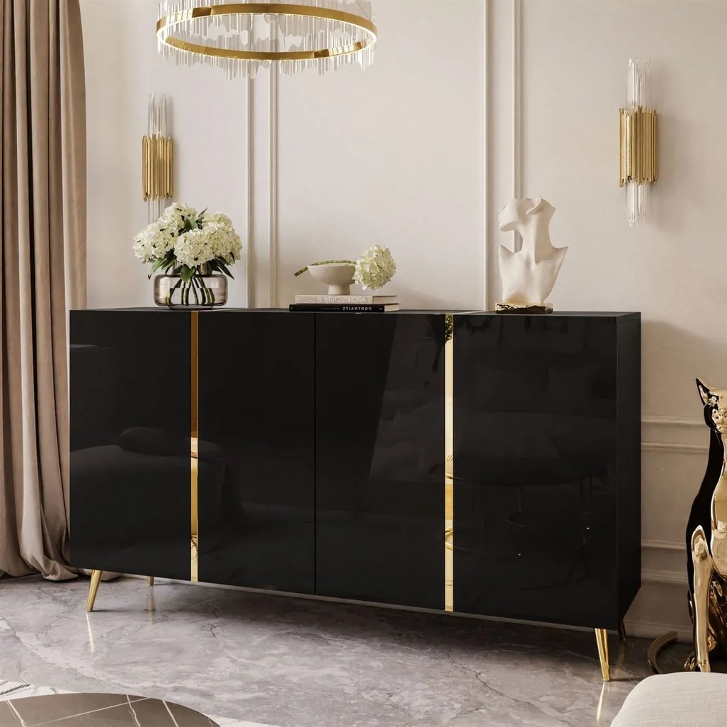 KOMODA SANTINO 4D ČIERNY LESK + ZLATÉ NOŽIČKY 158 cm