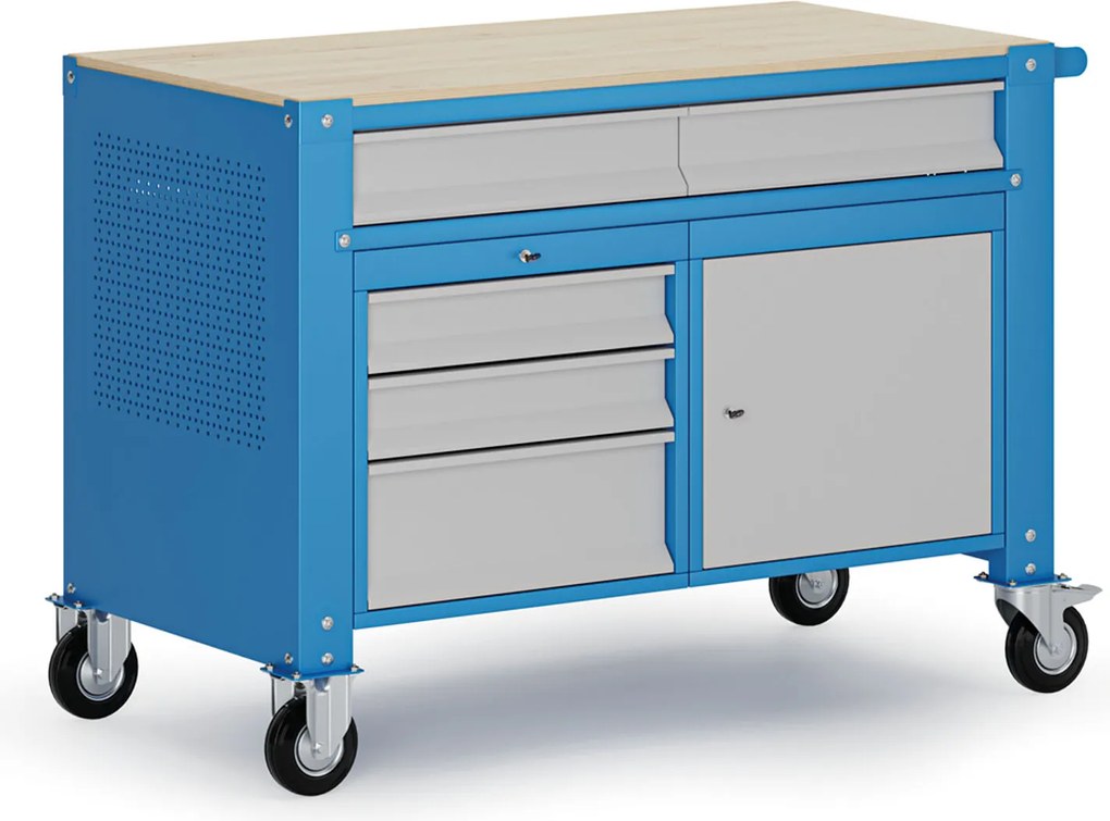 Pojazdný dielenský stôl G9, 1 skrinka, 5 zásuviek, 1180 x 595 x 865-1130 mm, sivá/modrá