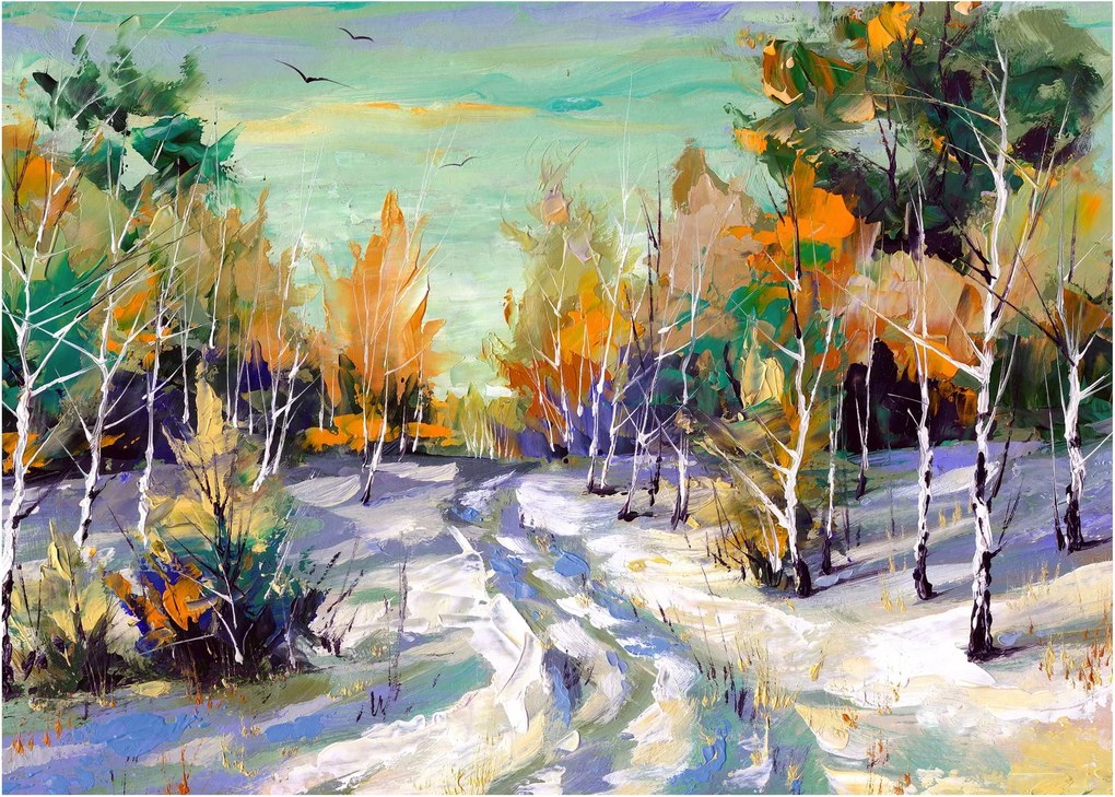 Obraz - Zasnežená cesta lesom, olejomaľba (70x50 cm)