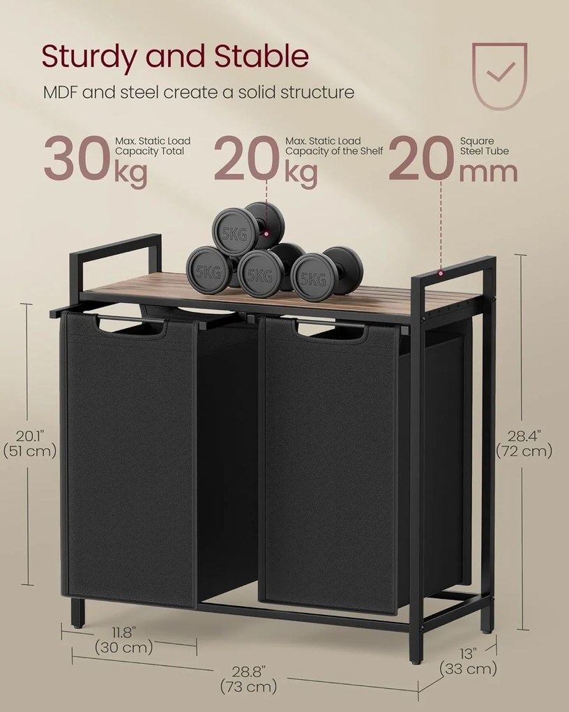 2-priehradkový kôš na bielizeň, 2 x 46 l, 73 x 33 x 72 cm, ťavohnedá a čierna farba