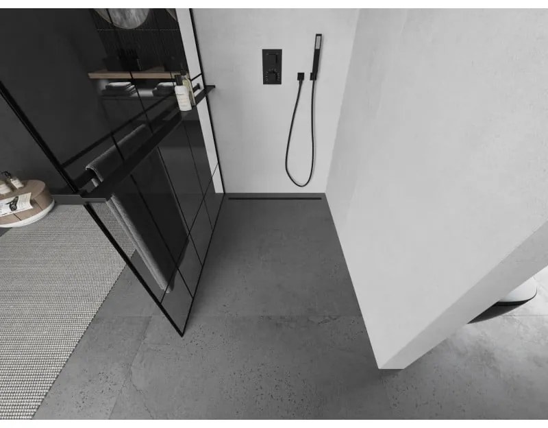 Mexen Kioto+, sprchová zástena s poličkou a držiakom na uteráky 80 x 200 cm, 8mm sklo číre sklo vzor čierny, čierny profil, 800-080-121-70-78