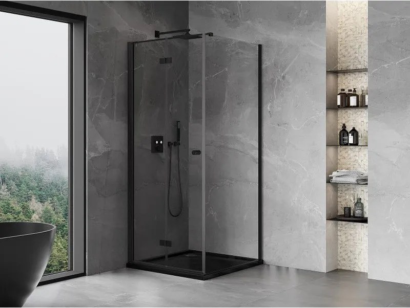 Mexen Mist-F T, 1-krídlový skladací sprchový kút ľavý 110 x 110 cm, číre sklo, čierny profil, 8A6T-110-110-70-00-L