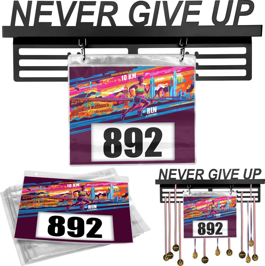 Kovový vešiak na medaily a štartové čísla NEVER GIVE UP - čierny