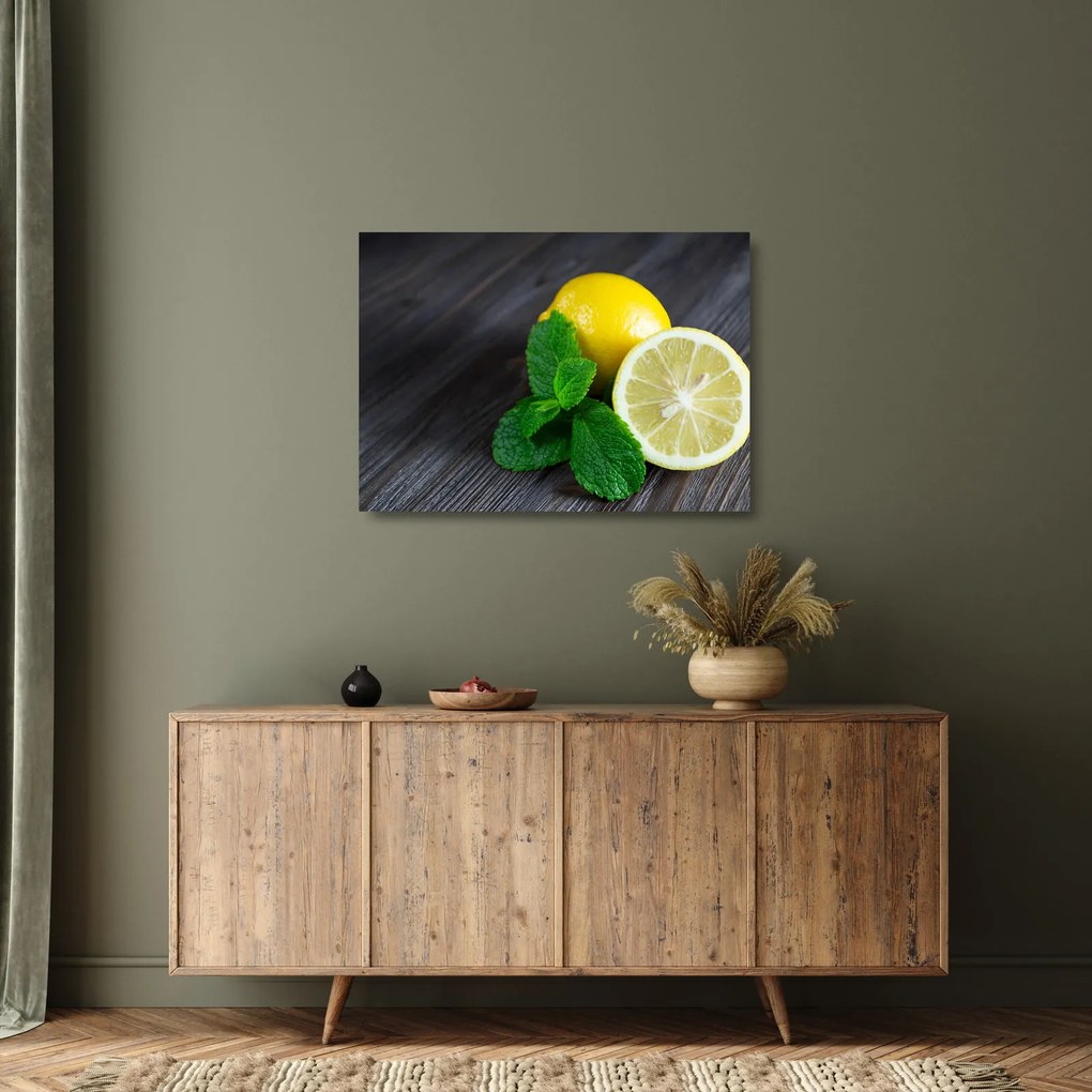 Sklenený obraz citrónov a mäty na stole (70x50 cm)