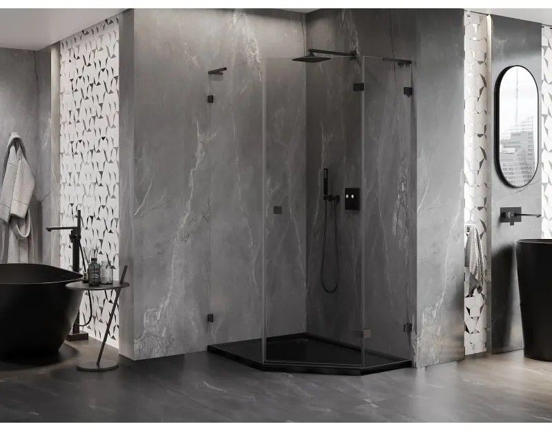 Mexen Lunar, L pravý výklopný päťuholníkový sprchový kút 80 x 90 cm, 8mm číre sklo, čierny profil, 831L-080P-090L-70-00-P