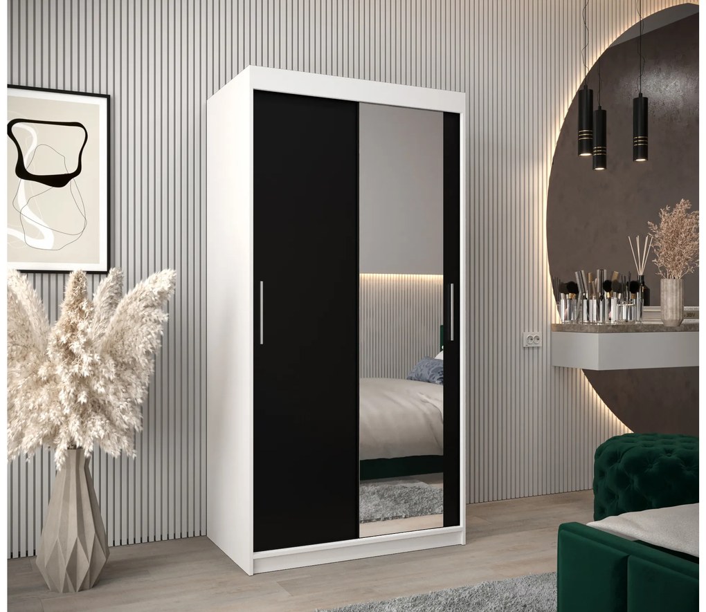 Šatníková skriňa 100 cm Toki 2 (Biela matná + Čierna matná). Akcia -20%. Vlastná spoľahlivá doprava až k Vám domov. 1064958