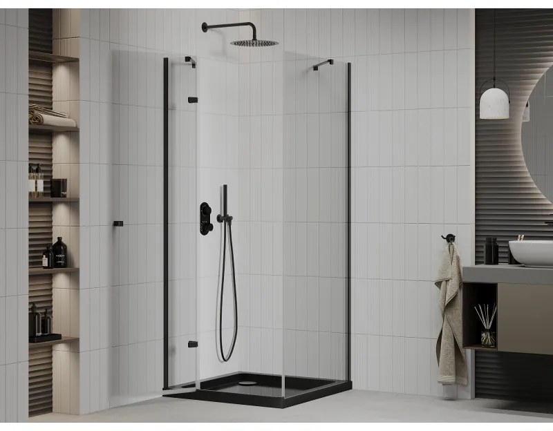 Mexen Roma, sprchovací kút s 1-krídlovými dverami 90 (dvere) x 90 (stena) cm, 6mm číre sklo, čierny profil, slim sprchová vanička 5cm čierna s čiernym sifónom, 854-090-090-70-00-4070B