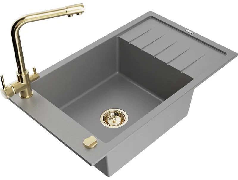 Mexen Elias, 1-komorový granitový drez s odkvapkávačom 795x480x200 mm a zlatá batéria Duero, šedá, 6511-71-671600-50
