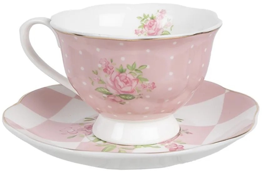 Bielo-ružová šálka a tanierikom s ružičkami Sweet Roses - 12*9*6 cm / Ø 14*2 cm / 200 ml