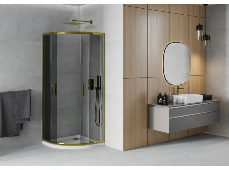 Mexen Rio, štvrťkruhový sprchovací kút s posuvnými dverami 90(dvere) x 90(dvere) x 190 cm, 6mm šedé sklo, zlatý profil + biela sprchová vanička SLIM, 863-090-090-50-40-4110G