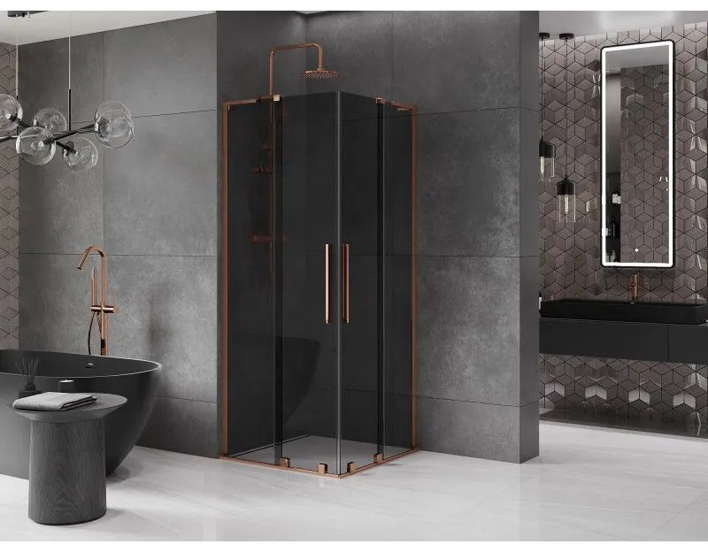 Mexen Velar L Duo, sprchový kút s posuvnými dverami 80 x 80 cm, 8mm šedé sklo, ružové zlato, 871-080-080-02-43-60