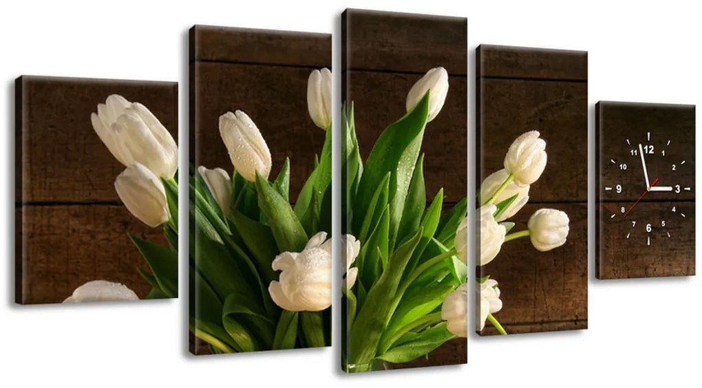 Gario Obraz s hodinami Očarujúce biele tulipány - 5 dielny Rozmery: 150 x 105 cm