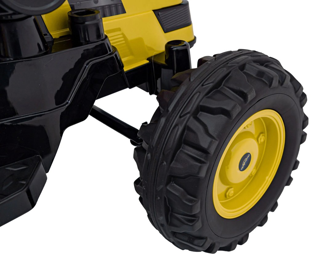 Batériový bager-traktor pre deti žltý + pohyblivé rameno lyžice + diaľkové ovládanie + pomalý štart + FM rádio + LED