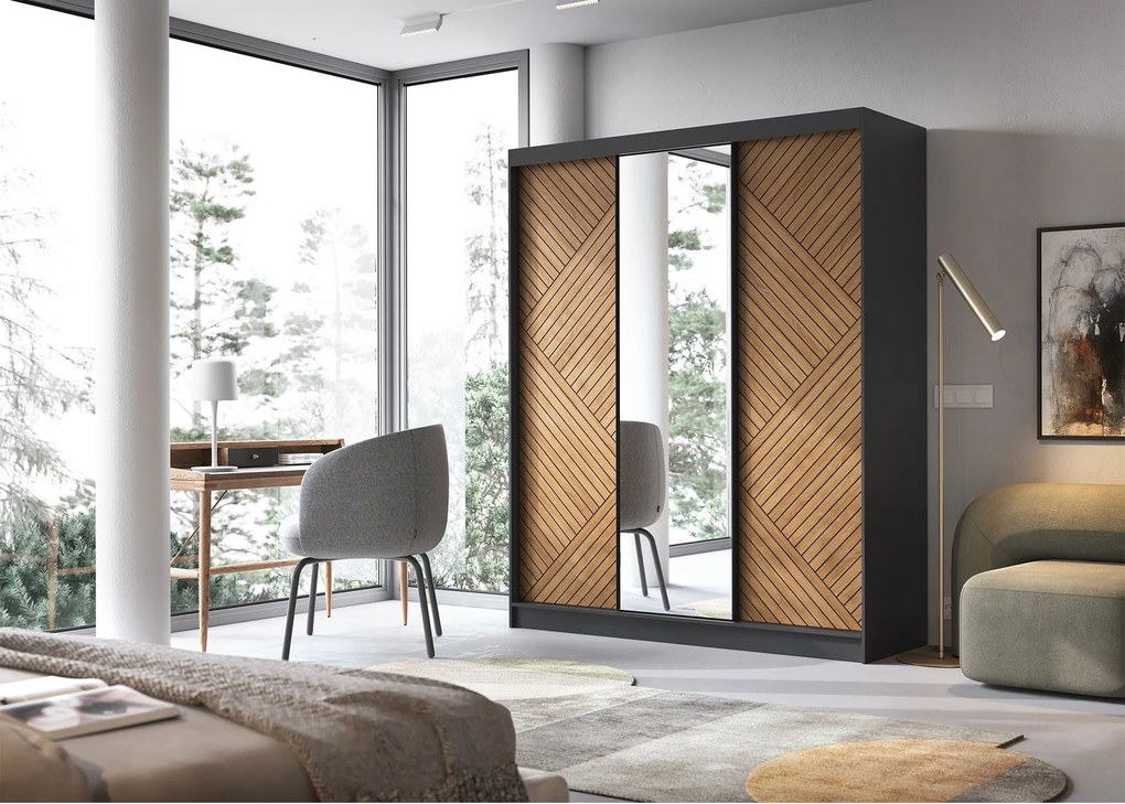 Šatní skříň Marrphy se zrcadlem 180 cm dub Caramel/černá