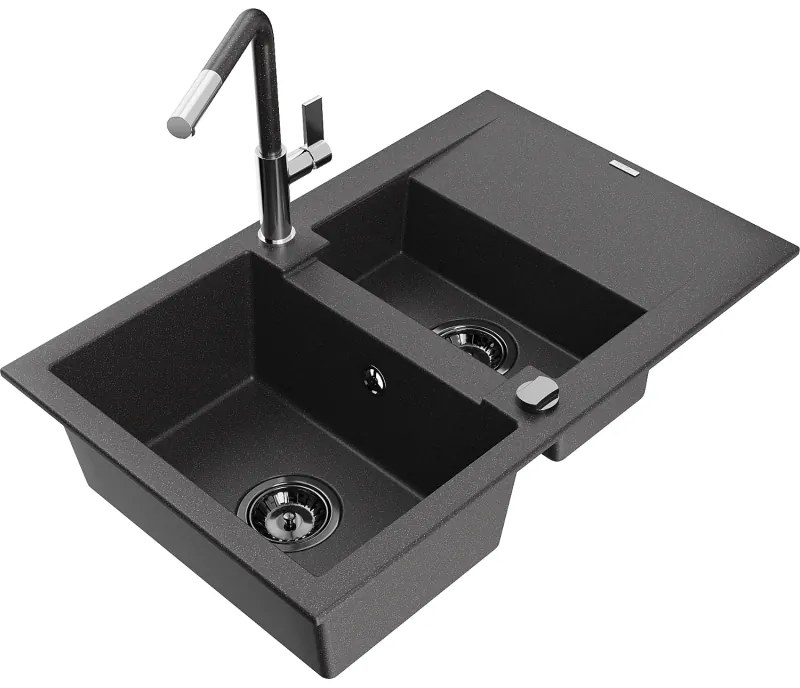 Mexen Gaspar, 1,5-komorový granitový drez 737x475x177 mm a drezová batéria Flora, čierna škvrnitá, 6507-76-670401-08-B