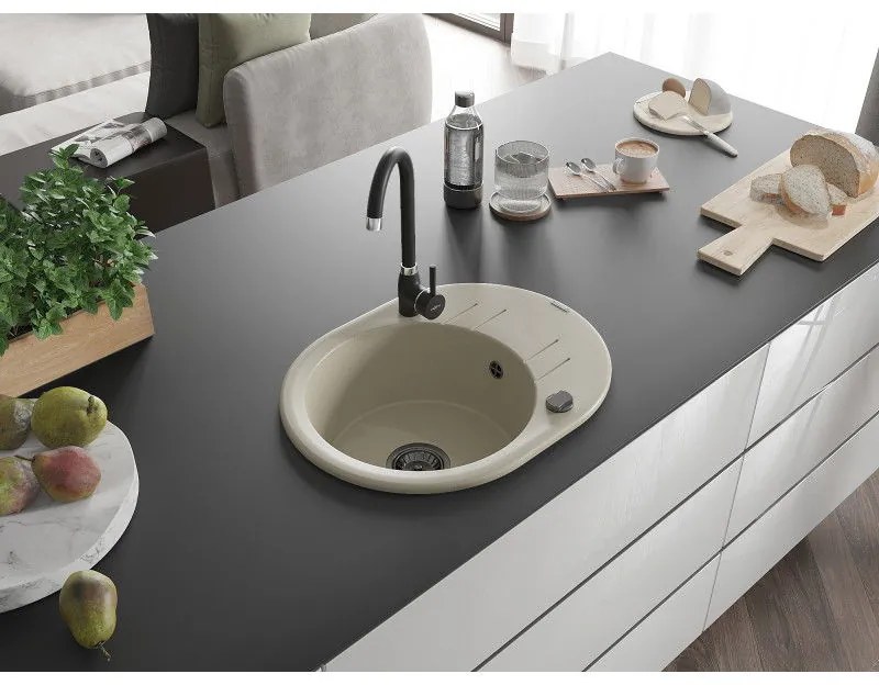 Mexen Kevin, granitový drez 586x458x190 mm, 1-komorový, béžová s čiernym sifónom, 6517581005-69-B