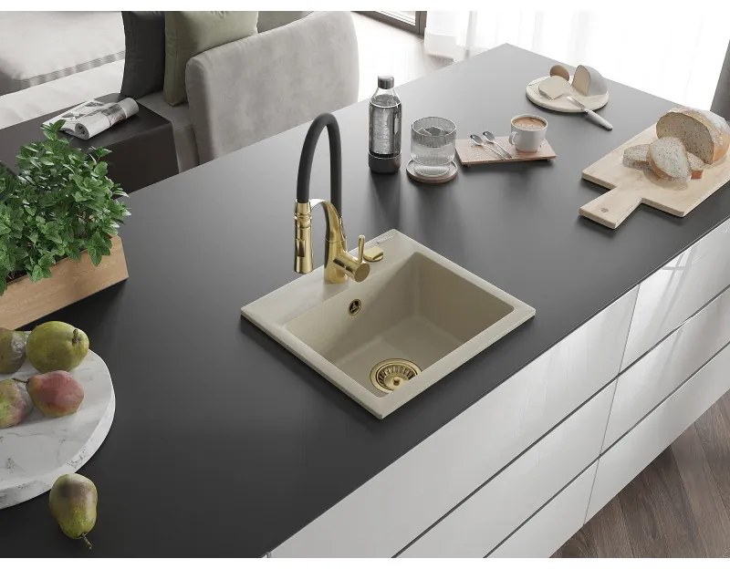 Mexen Milo, 1-komorový granitový drez 435x410x171 mm a drezová batéria Aster, béžová, 6505-69-73450-57-G
