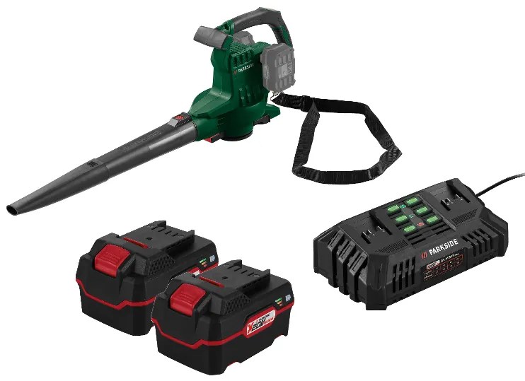 Parkside® Aku vysávač/fúkač lístia 40 V Plsa 40-Li D3 + Akumulátor 20 V/4 Ah, 2 kusy + Dvojitá nabíjačka na akumulátor 20 V/4,5 A (800011287)
