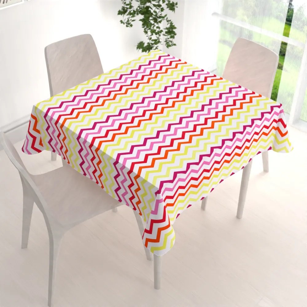 Biante Bavlnený štvorcový obrus Sandra SA-379 Žlto-ružovo-červené cik-cak pásiky 150x150 cm