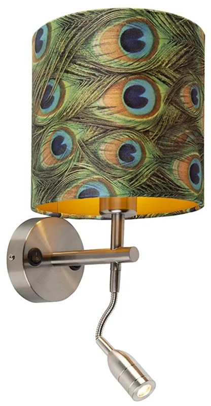 Moderná nástenná lampa oceľ s lampou na čítanie a zamatovým tienidlom 20/20/20 Peacock - zlatá