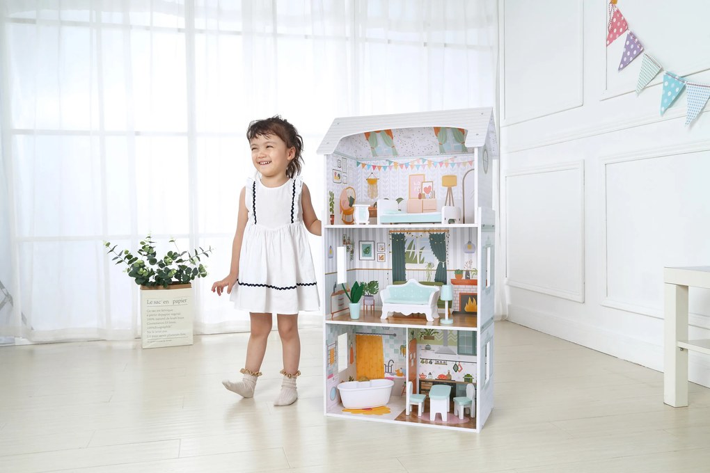 Domček pre bábiky, 3 poschodia, 4 izby, sada 9 kusov nábytku, ECOTOYS