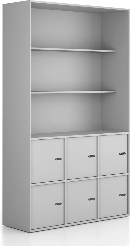 Kancelárska skriňa FRAME, 6x dvere, 2x polica, 1299 x 450 x 2162 mm, mechanický kódový zámok, sivá