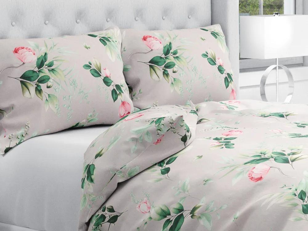 Biante Bavlnené posteľné obliečky Sandra SA-452 Ružové kvety na sivom Predĺžené 140x220 a 70x90 cm