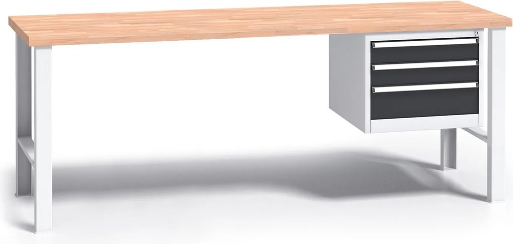 Pracovný stôl do dielne G3 so závesným boxom na náradie, buková škárovka, 3 zásuvky, pevné kovové nohy, 2000 mm, grafit