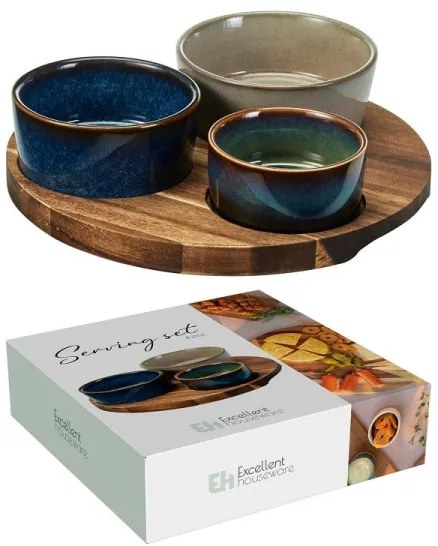 Servírovací set 4 ks na drevenom podnose 20x20 cm