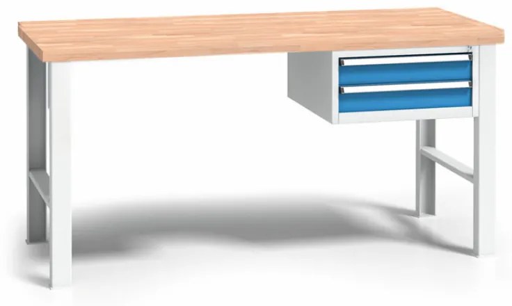 Výškovo nastaviteľný pracovný stôl do dielne WL so závesným boxom na náradie, buková škárovka, 2 zásuvky, 2000 x 685 x 840 - 1050 mm