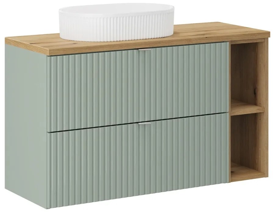 Závesná skrinka Line Reed Green s doskou a umývadlom 100 cm zelená/dub evoke
