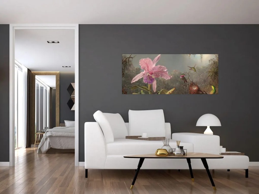 Obraz - Martin Johnson Heade, Cattleya Orchid and Three Hummingbirds, reprodukcia (120x50 cm)