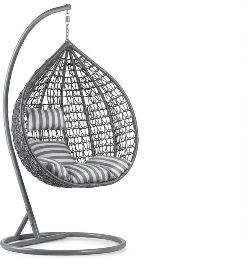 Sivé závesné kreslo KOKON so stojanom, bielo-sivý vankúš