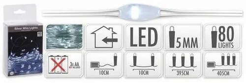 Svetelný drôt Silver lights 80 LED, studená biela, 395 cm