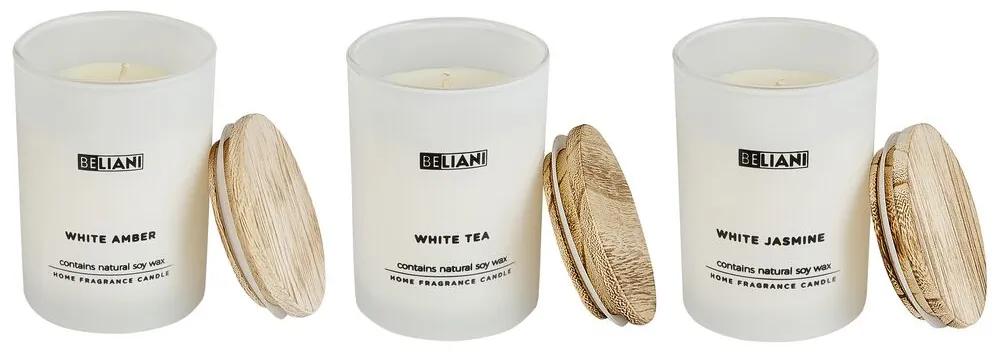 3 vonné sviečky zo sójového vosku biely jantár/biely čaj/biely jazmín SIMPLICITY Beliani