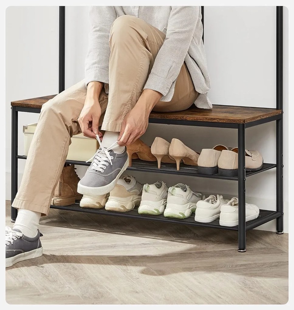 Predsieňový vešiak s botníkom a zrkadlom Vasagle Pagas hnedý/čierny